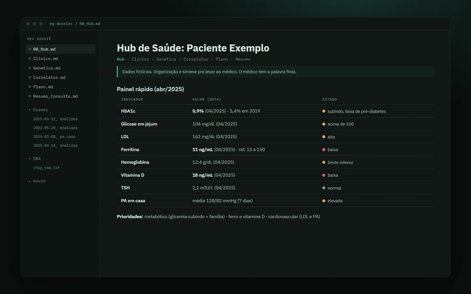 O Hub do dossiê de uma paciente fictícia: oito indicadores com valor, data e estado colorido