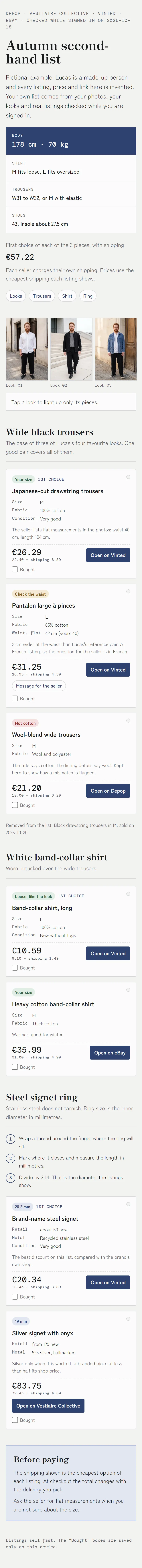 Lucas's fictional shopping list at phone width: measurements on top, the total of first choices, the strip of his three looks, then each piece with three listings, fit labels, prices with shipping, a message for the seller and Bought boxes