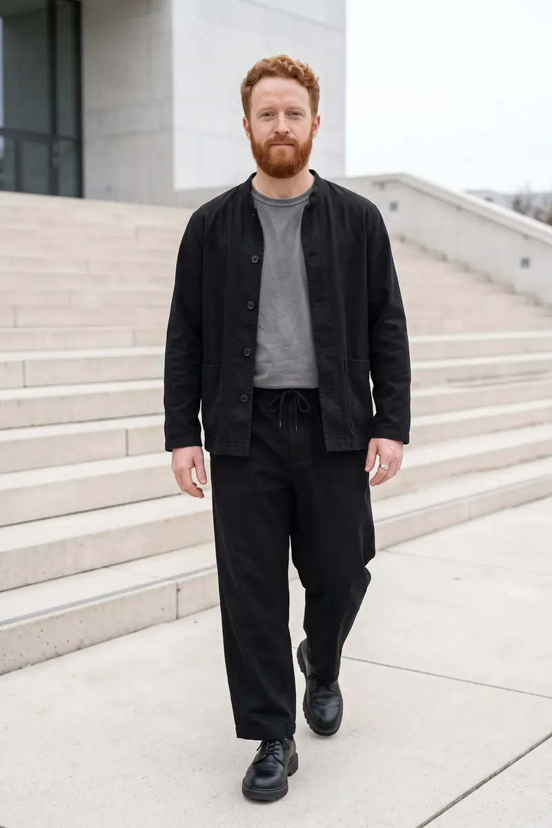 Look 02 on Lucas: black collarless chore jacket over a grey cotton t-shirt, wide black drawstring trousers, black derby shoes