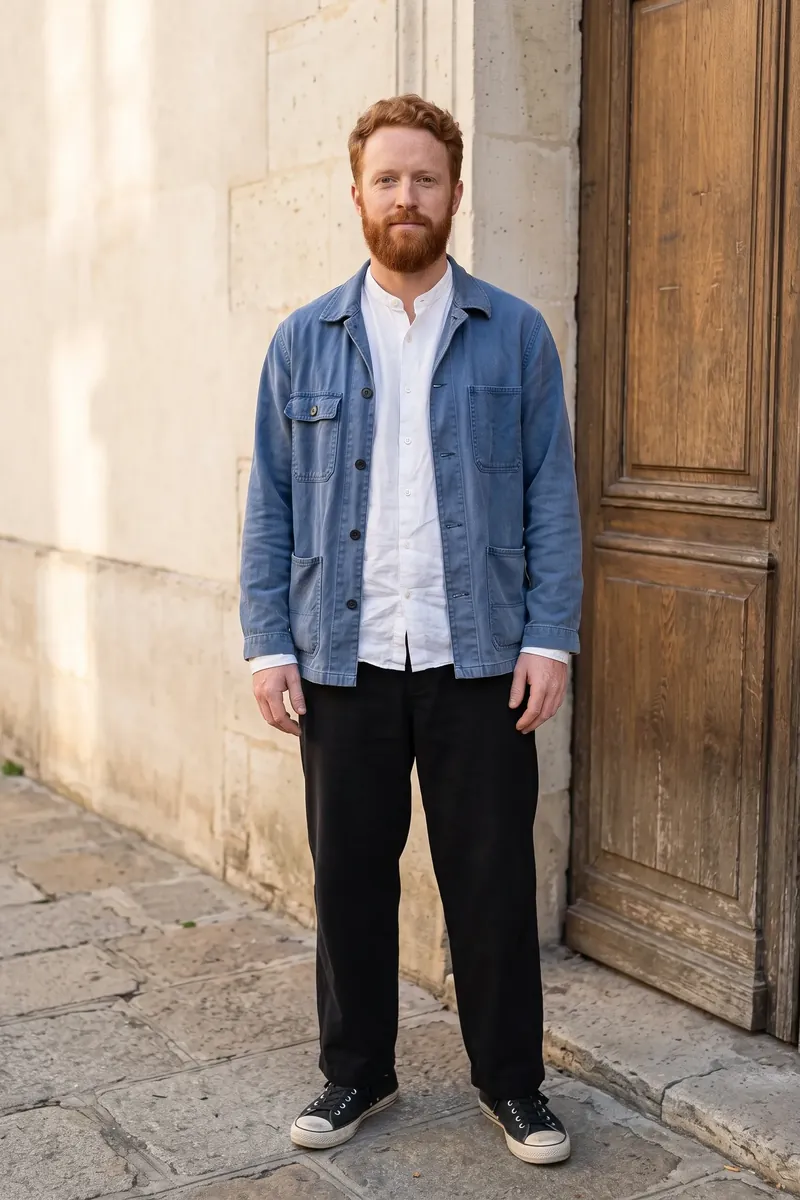 Look 03 on Lucas: faded blue cotton work jacket over a white band-collar shirt, wide black trousers, black canvas sneakers