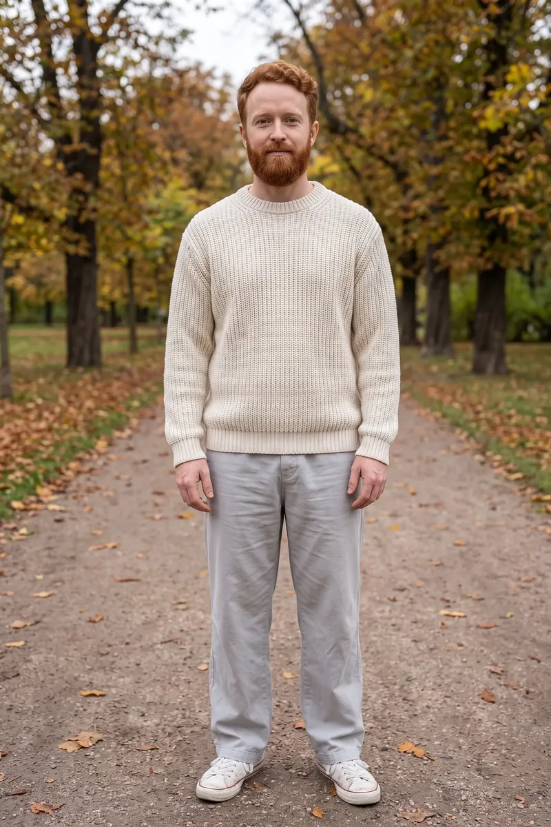 Look 04 on Lucas: loose ecru cotton knit sweater, light grey wide trousers, white canvas sneakers