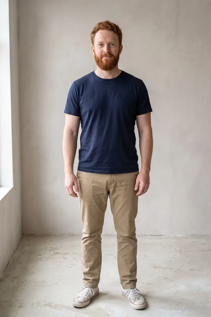 Lucas, a synthetic person, in an everyday photo: plain t-shirt and chinos against a light wall